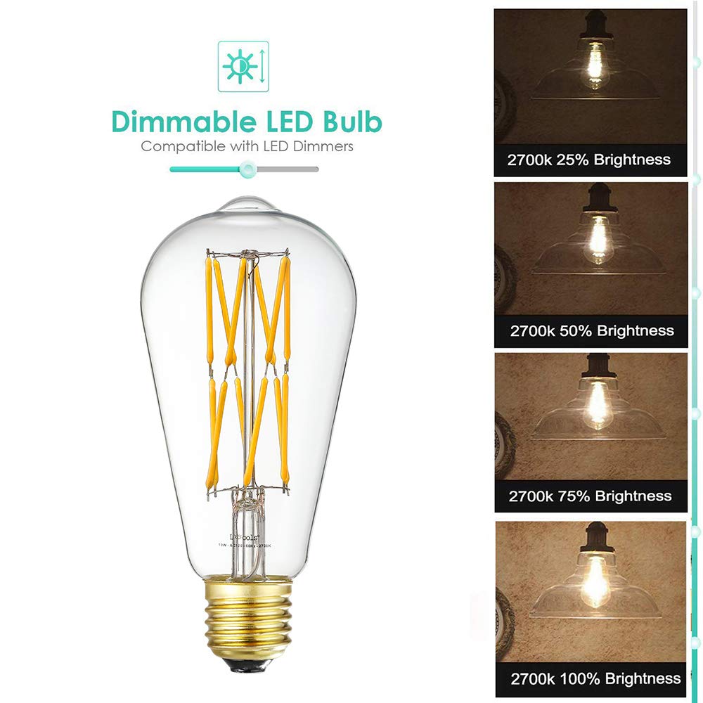 LEOOLS - Bombillas LED Edison e27 regulables, luz blanca cálida, 2700 K, estilo antiguo, estilo vintage, 100 W, equivalente a base E26, 10 W, LED, cristal transparente, 4 unidades