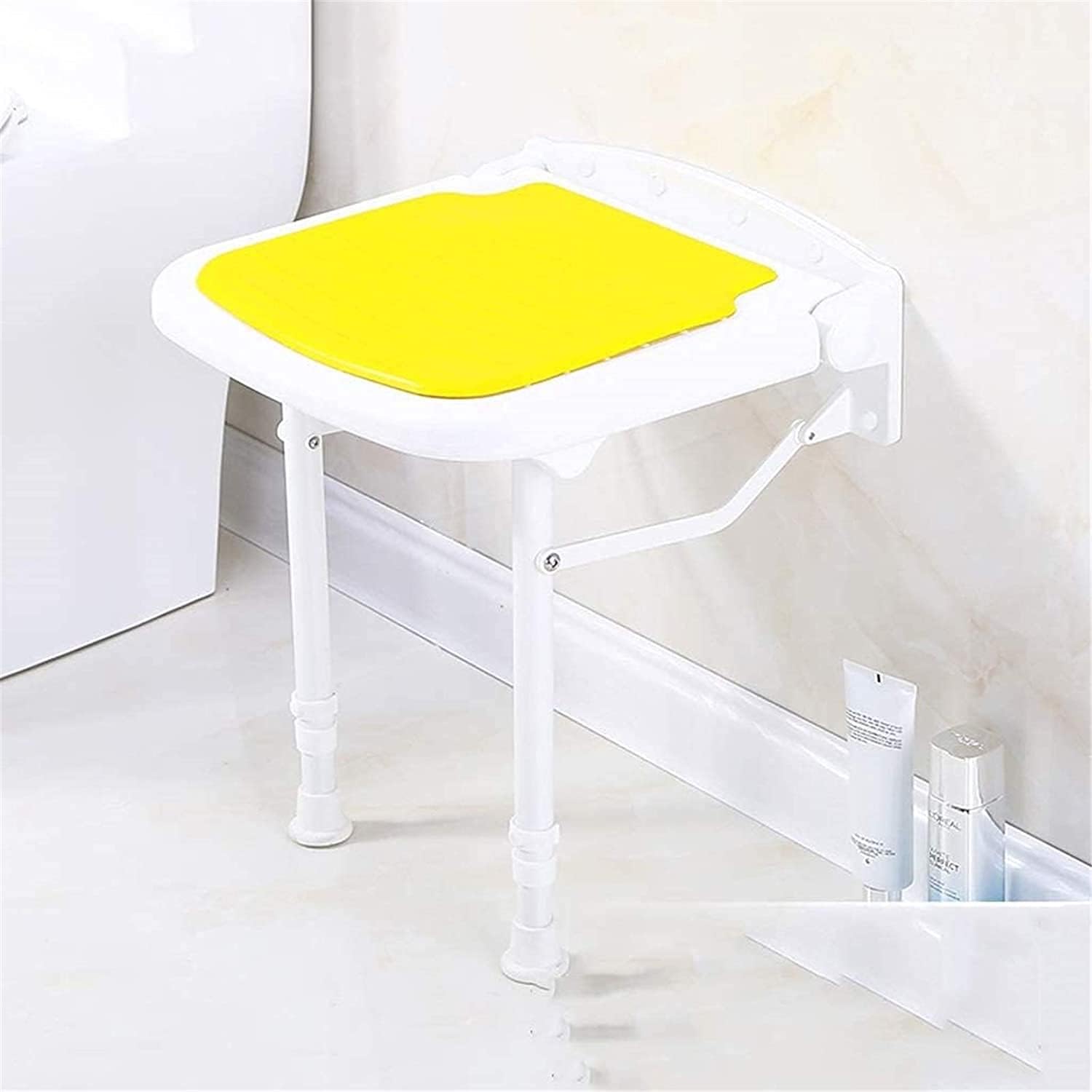 Shower Chairs,Shower Stool Adjustable Height Bathroom Folding Stool Change Shoe Wall Chair Aisle Wall Chair Anti-Corrosive Anti-Rust Maximum Load 300Kg Bath Chair,Yellow