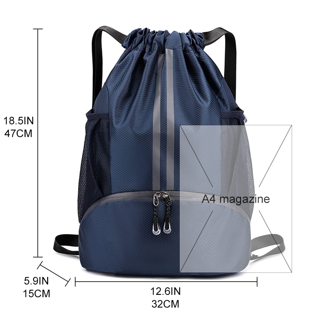 Veki Sac à Dos avec Cordon pour Homme Femme, Sac de Sport avec Compartiment Chaussures et Poche Humide, Bleu