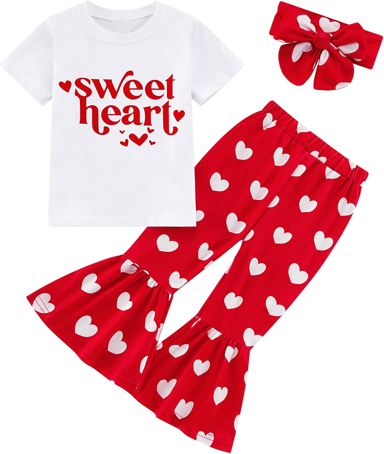 Toddler Girl Valentines Outfit Love Heart T-Shirt Bell Bottom Pants Headband 3Pcs Summer Clothes Set 1-6T