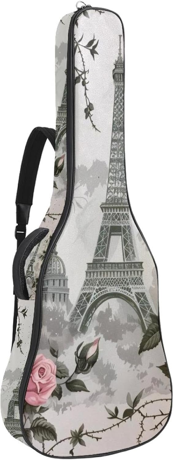 Acoustic Guitar Bag 0.4 Inch Thick Padding Waterproof Guitar Case Gig Bag for 40 41 42 Inch Electric Bass Classical Guitar, Beautiful Paris Eiffel Tower Pink Rose