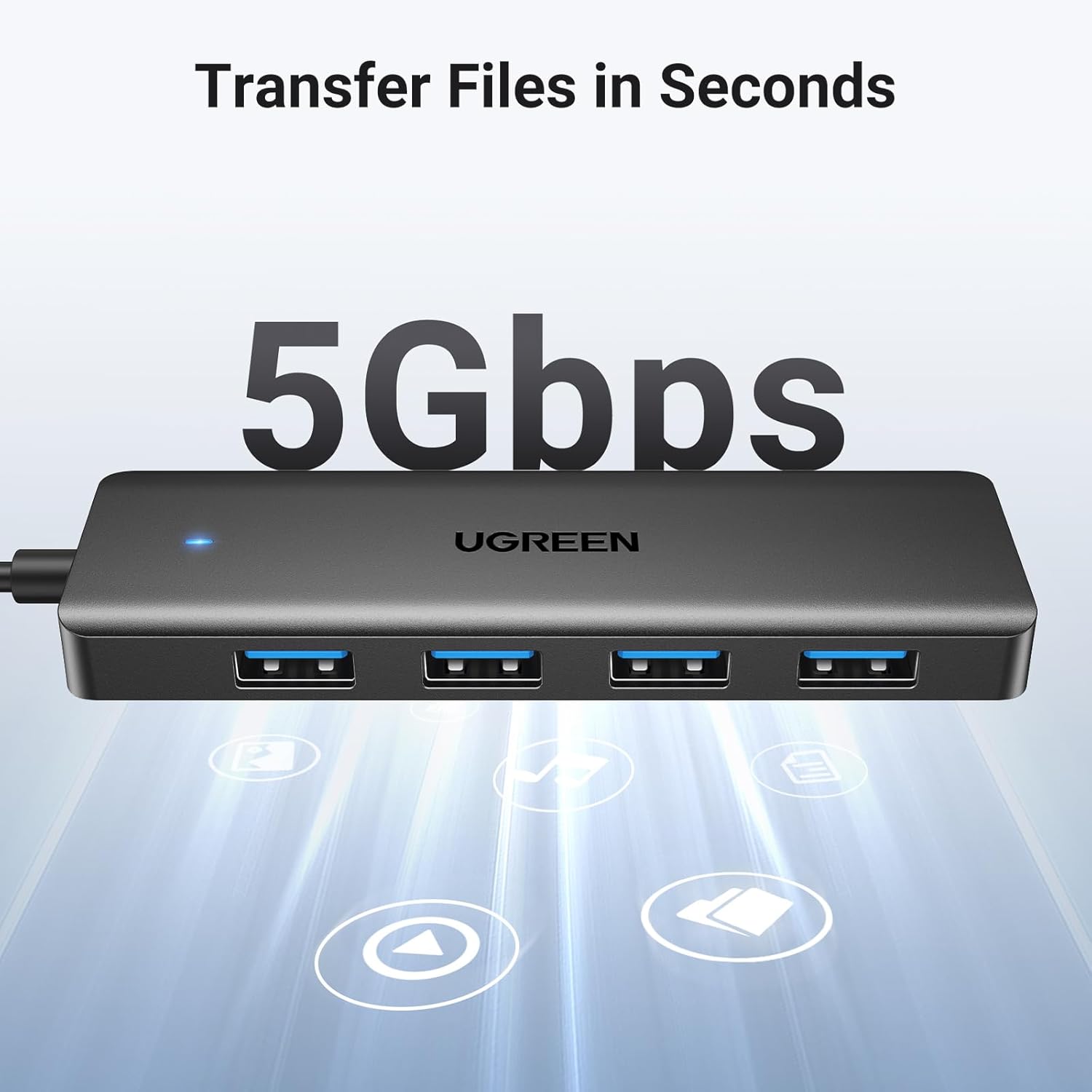 Image illustrating the 5Gbps data transfer speed of the UGREEN USB 3.0 Hub.