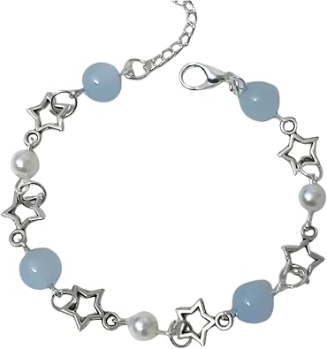 LUCLA Handmade Bracelet for Women with Blue Beads, White Pearls, and Star Charms