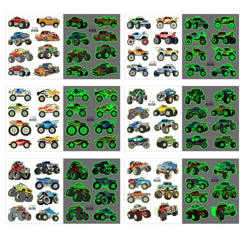 Qpout 12pcs Glow In The Dark Monster Truck Tatouages temporaires pour les enfants, Lumineux Voiture de course Camion Roues Faux Tatouage Autocollants pour les garçons Anniversaire Fête Faveurs