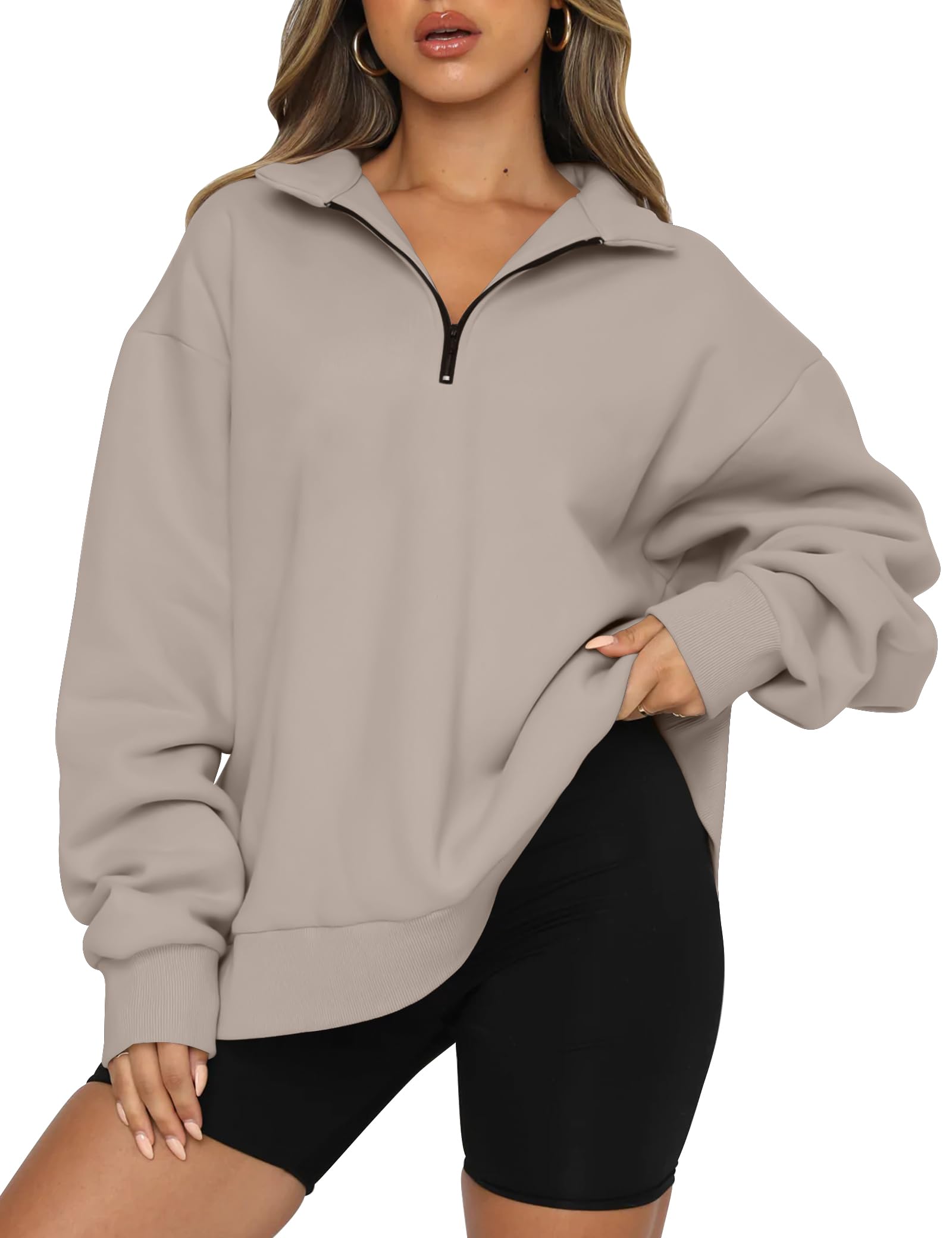 Trendy Queen Womens Oversized Half Zip Fleece Sweatshirts-Cozy Pullover Drop Shoulder for Fall Winter