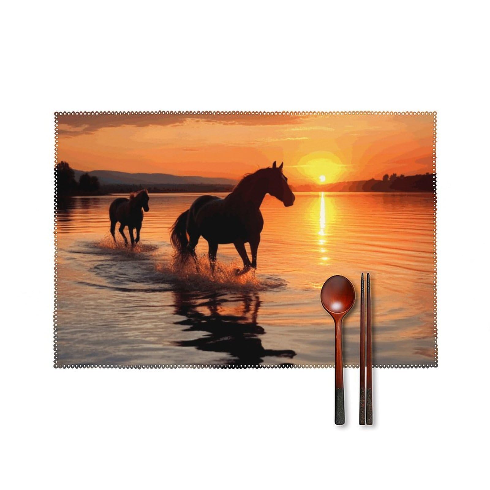 Sunsets Lake Horses Placemats Washable Not Fade Placemats Practical Heat Resistant Place Mats for Outdoor Patio Table Mats Kitchen Dining Party Decoration