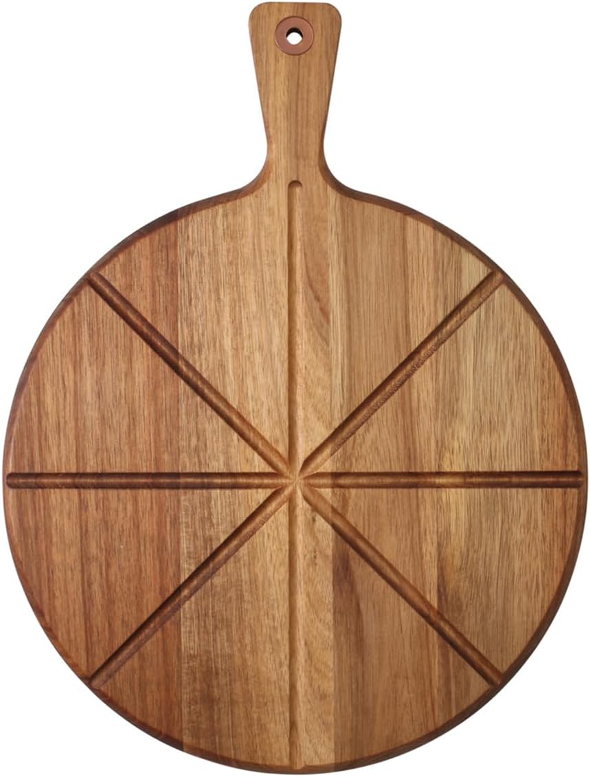 Dexas Acacia Wood Pizza Cutting Board, 14-Inch Round Paddle Board with Built-In Portion Grooves, Food Safe & Reversible