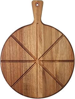 Dexas Acacia Wood Pizza Cutting Board, 14-Inch Round Paddle Board with Built-In Portion Grooves, Food Safe & Reversible