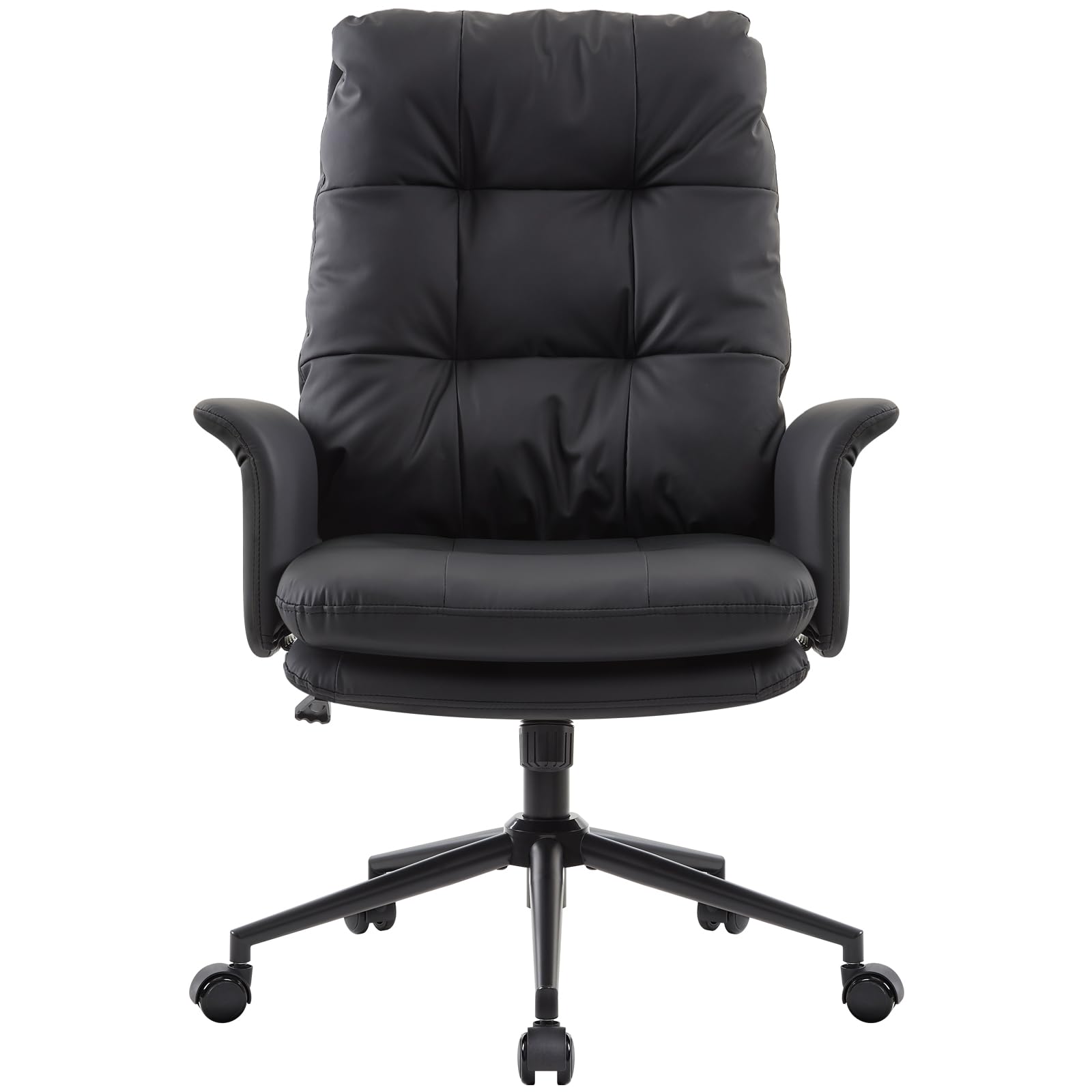 IWMH Schreibtischstuhl Ergonomisch,PU Leder Bürostuhl mit Hoher Rückenlehne | Chefsessel Bequem mit Armlehnen,Doppelt Gepolsterter Drehstuhl für Büro,Homeoffice,Wohnzimme(Schwarz)