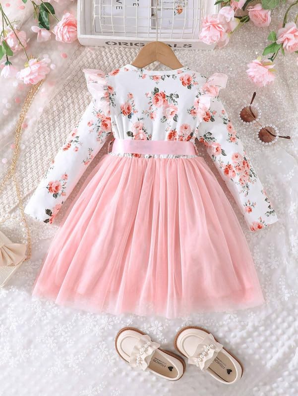 Image of Niren Enterprise 1019 Long Sleeve Printed Flower Belted Square Neck Baby Girl Frock with Knee-Length and A-Line Style