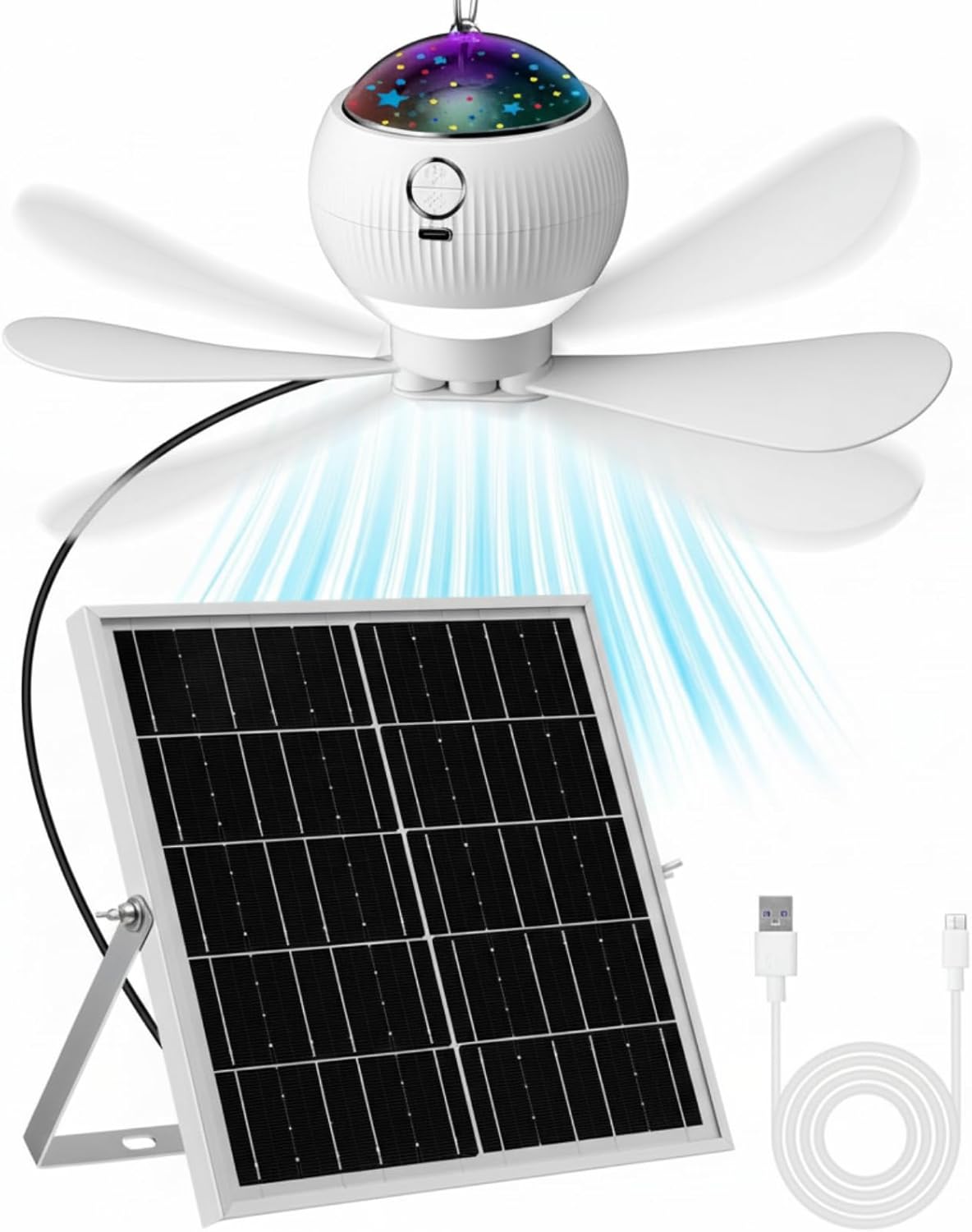 Aurelema 1 Set Solar Powered Ceiling Fan with Light for Camping Rechargeable 10'' Small USB Portable Hanging Fan with Star Projection 10w Solar Panel, 3 Speeds for Tent Rv Bed Gazebo Greenhouse