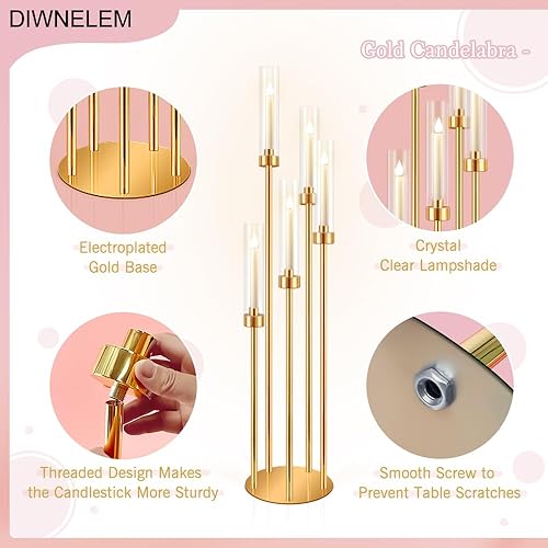 Miniatura 4 de DIWNELEM 4 centros de mesa dorados para candelabros de 5 brazos de 42 pulgadas de alto, candelabros de metal, centros de mesa de boda, candelabros