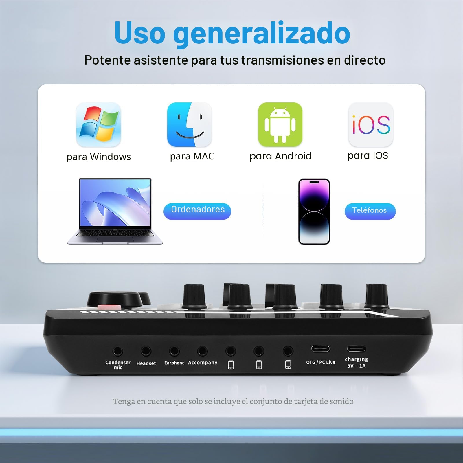 F998 - Mezclador de audio profesional, tarjeta de sonido en vivo e interfaz de audio con efectos mezcladores de DJ y cambiador de voz, con lámpara LED DJ, para streaming en vivo, PC, estudio de