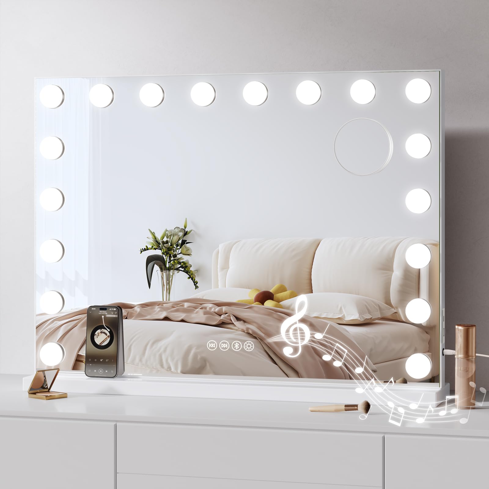 Dripex Bluetooth Hollywood Vanity Mirror with Lights, 80×60cm Large Makeup Mirror with 18 Dimmable LED, 3 Lighting Modes, USB & Type-C Output Port, Tabletop or Wall Mounted Vanity Mirror for Bedroom