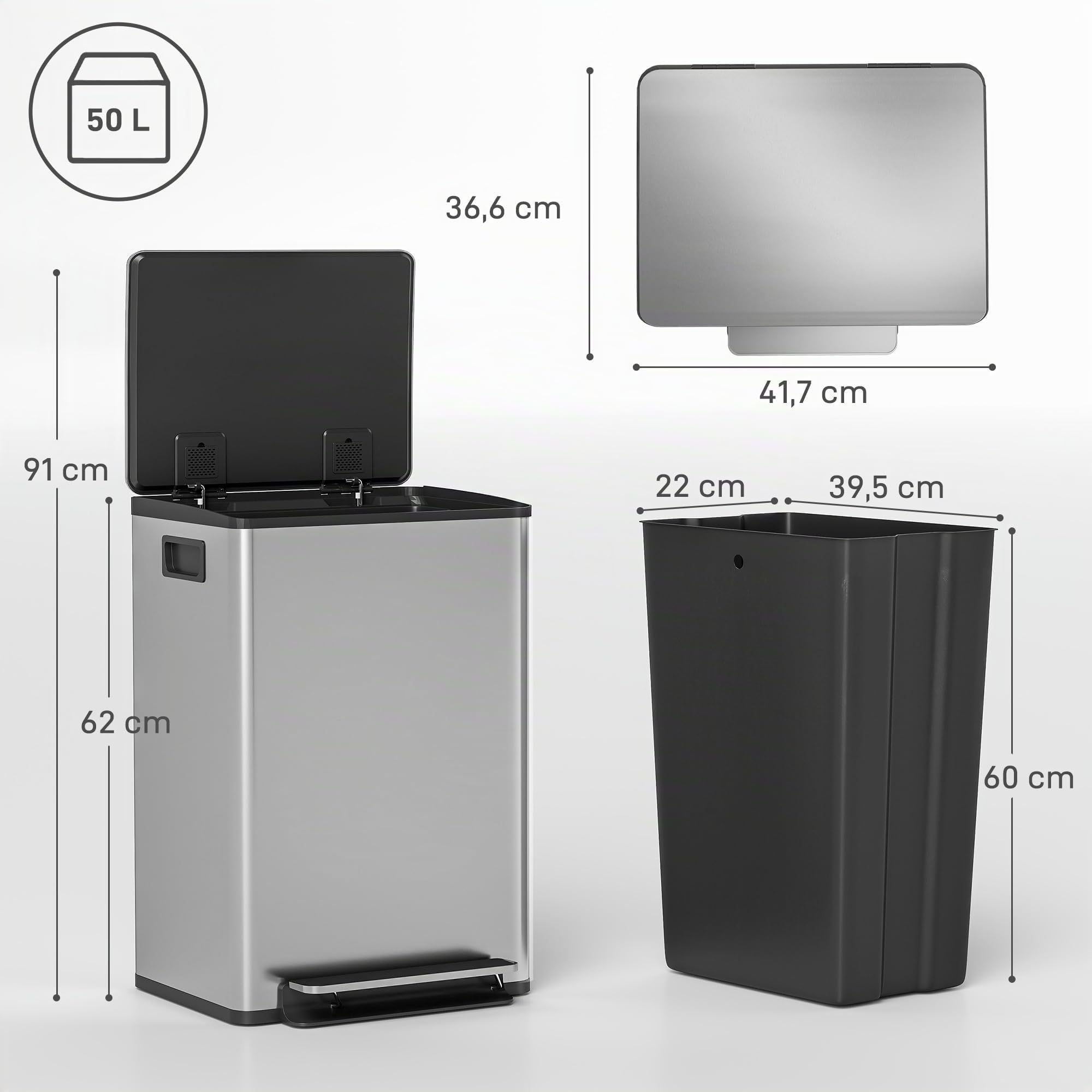 HOMCOM 13.2 Gal./50 L Cubo de basura antihuellas Soft-Close Tapa Plateado | Cubo interior extraíble, tapa de cierre suave, mantenimiento de apertura, filtro antiolor, asas