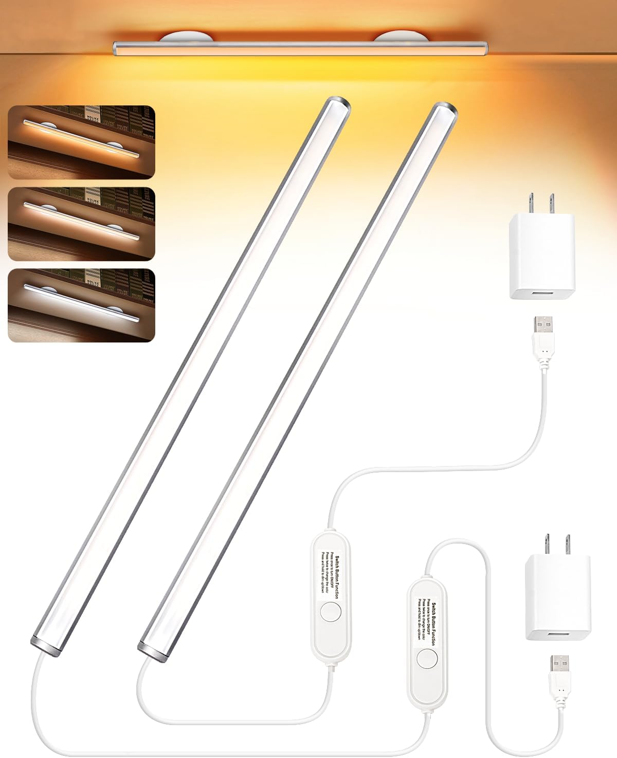 AFAEFR LED Under Cabinet Lights, 2 Pack Plug in 11.5 Inch USB Corded LED Light Bar, 3 Color Under Counter Lighting for Kitchen Shelf Desk Workbench Vanity Mirror, Memory Function, Dimable,Aluminum