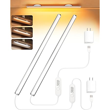 AFAEFR LED Under Cabinet Lights, 2 Pack Plug in 11.5 Inch USB Corded LED Light Bar, 3 Color Under Counter Lighting for Kitchen Shelf Desk Workbench Vanity Mirror, Memory Function, Dimable,Aluminum