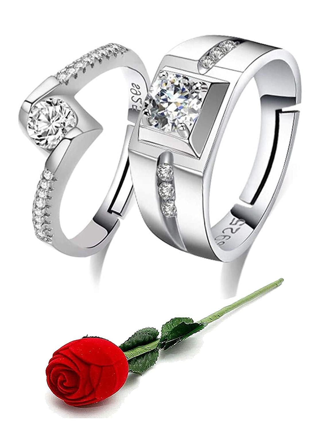 Bohey by KARATCART Designer Silver-Tone Solitaire American Diamond Couple Ring Set for Men & Women-picture-35
