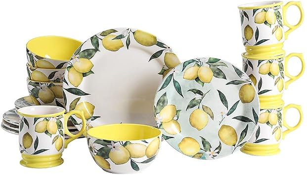 Bico Lemon Dreams Ceramic 16 pcs Dinnerware Set, Service for 4, Inclusive of 11 inch Dinner Plates, 8.75 inch Salad Plates, 26oz Cereal Bowls and Mugs, for Party, Microwave & Dishwasher Safe