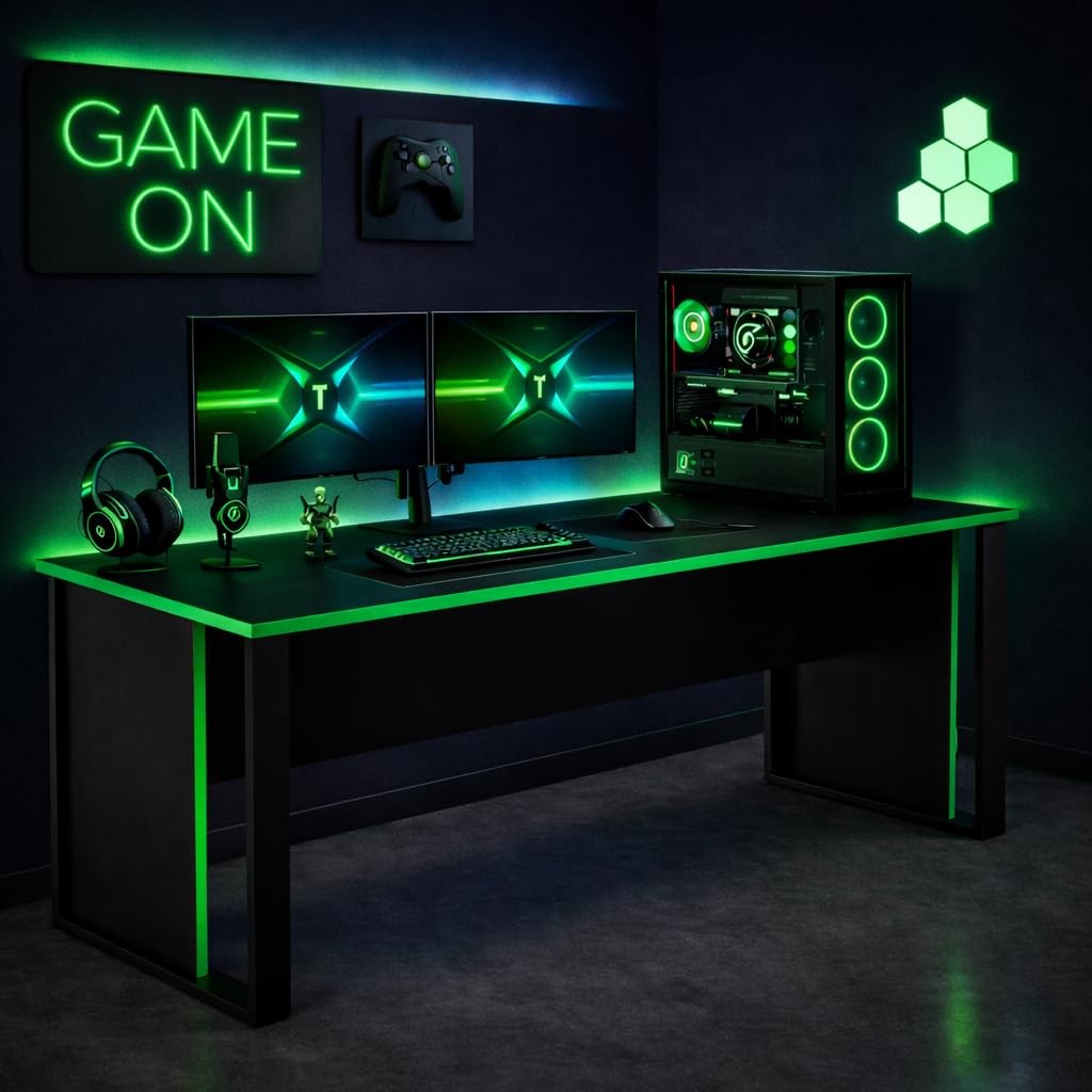 Homidea Vortex - Tavolo da gaming, 150 cm, con telaio robusto, scrivania per PC per configurazione di gioco, scrivania per computer per camera dei ragazzi, ufficio e home office, moderno tavolo da