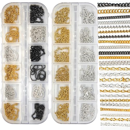 24 Tiras Cadenas para Uñas Charms Art Strips, Varios Estilos Cadena de Metal para Uñas Joyería DIY, Decoración Manicura Cuentas Línea 3D Accesorios, Kit Surtido Negro Oro Plata y Caja