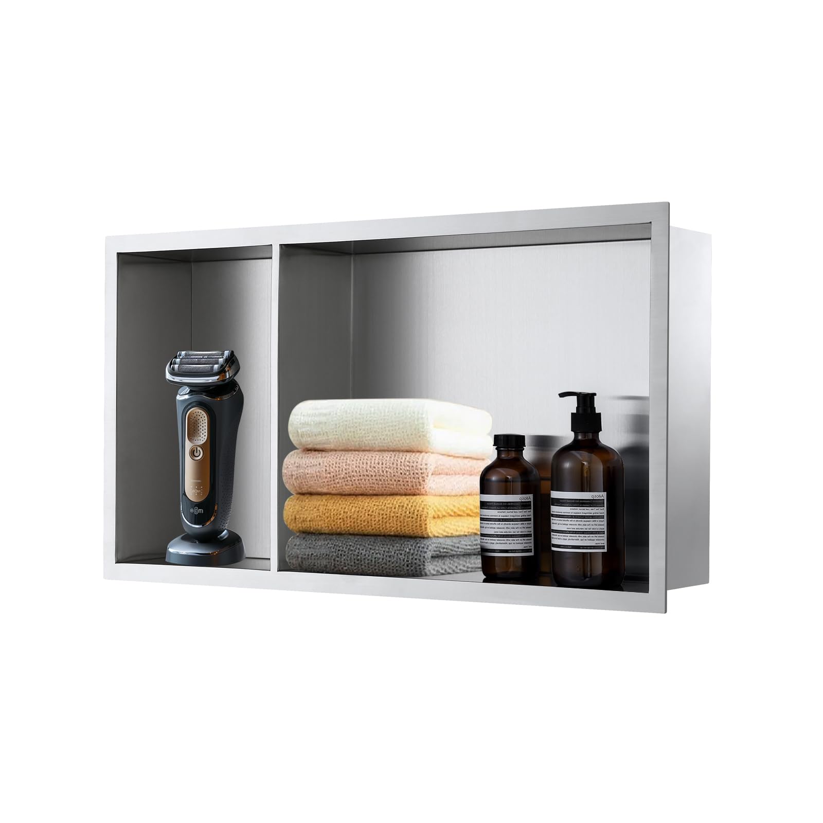 ROVOGO 60x30x10 cm Zweistufige Wandnische Dusche mit 2:1-Abteilverhältnis, Eingebettete Doppel-Duschnische Lagerung für Bad, Edelstahl 304 Einbaunische Übermontage, Einbauregal & Wandregal, Gebürstet