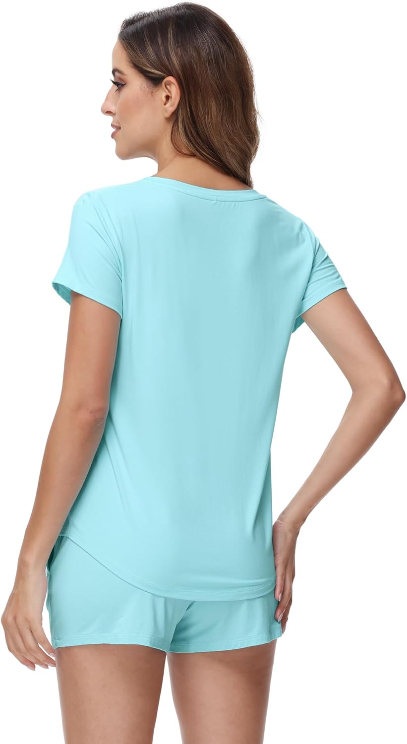 WiWi Pajamas for Women Bamboo Viscose V-neck Pajama Sets Soft Short Sleeve Nightwear with Pockets S-XXL - Image 2