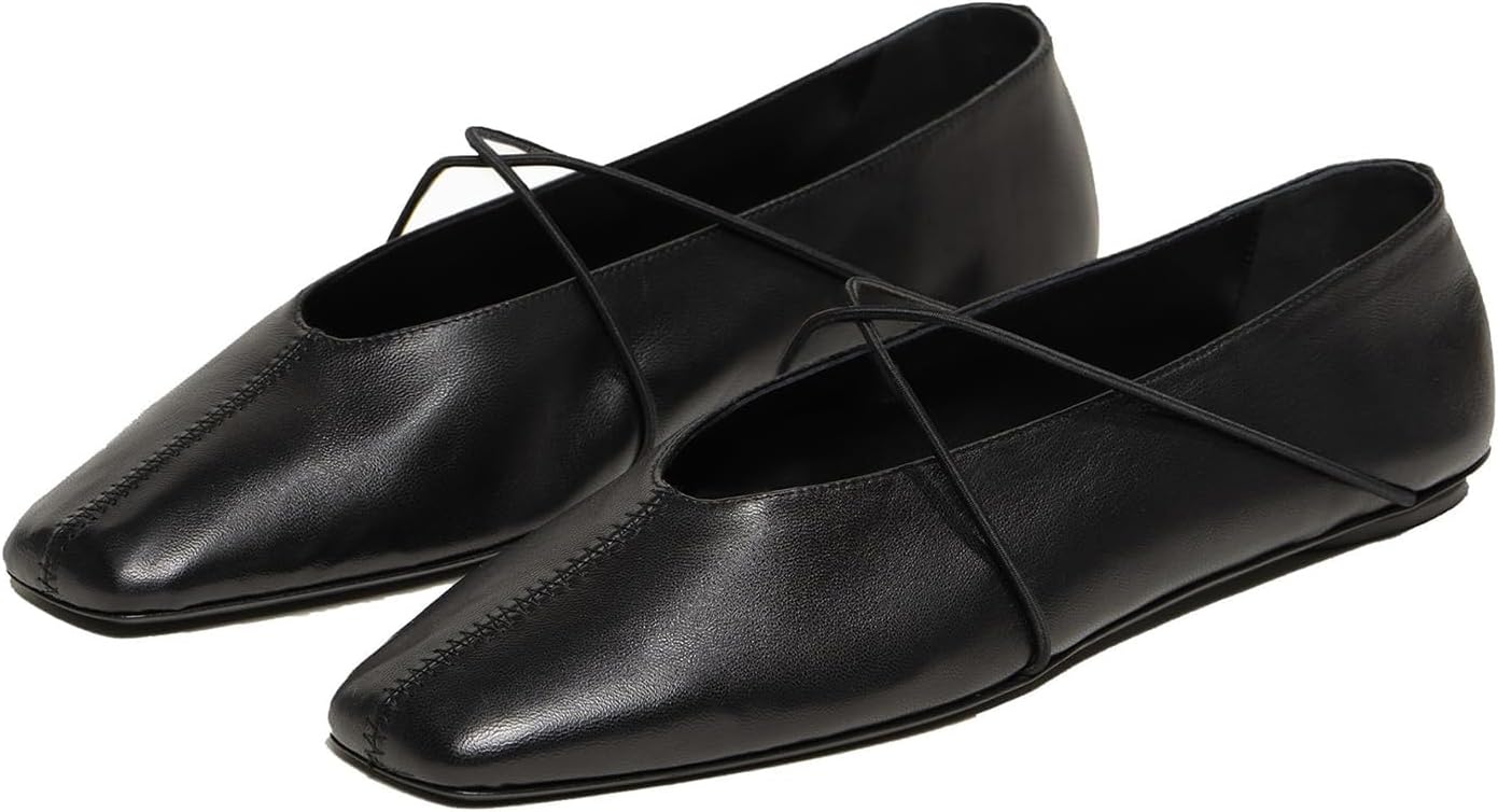 Square Toe Ballet Flats for Women Criss-Cross Straps Mary Jane Flat Shoes Comfortable Slip On Leather Ballerina