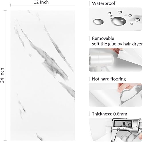 Miniatura 5 de Livelynine 16 azulejos de 24 x 12 pulgadas para despegar y pegar para azulejos de pared de cocina, azulejos de mármol blanco para salpicaduras de