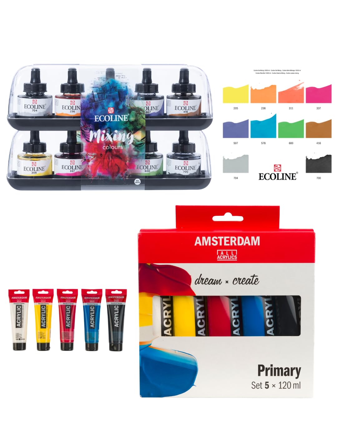 Ecoline Komplettes Professionelles Malset Flüssig-Aquarell (10x30 ml) + Amsterdam Acrylfarben Farbtheorie Set (5x120 ml) – Premium Künstlerbedarf