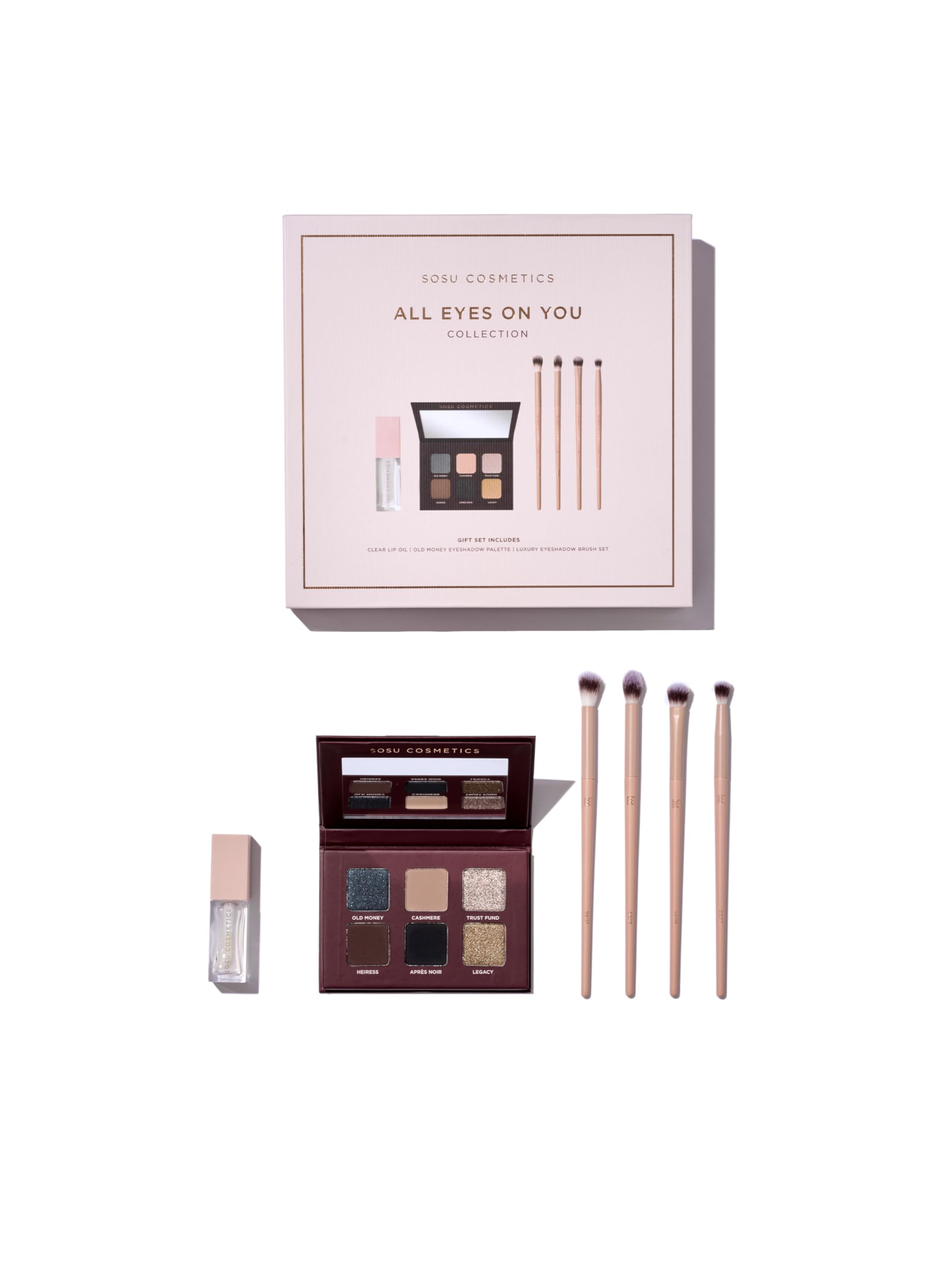 SOSU Cosmetics All Eyes on You Collection, palette di ombretti con 4 pennelli e olio per labbra, set regalo