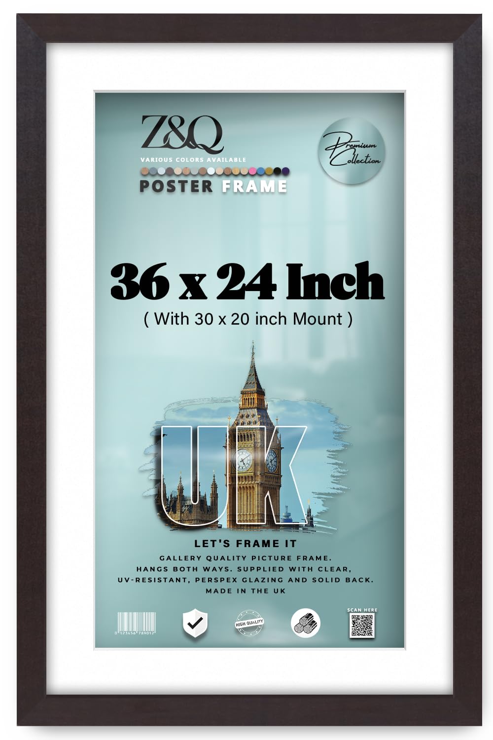 Z&Q - Elegant Eton Wood Finish 36 x 24 Inch Poster Frame with 76.20 x 50.80 cm White Mount for Wall Décor (91.44 x 60.96 cm) Perfect for Art Display & Family Photo Gallery [ Mahogany ]