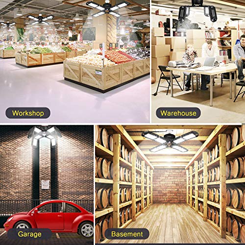 Image of 4 Pack LED Garage Light, Super Bright Screw in E26 /E27 Ceiling Shop Work Lamp, 200W 20000 Lumen Deformable Basement Bulb Fixture with 8 Adjustable Panels