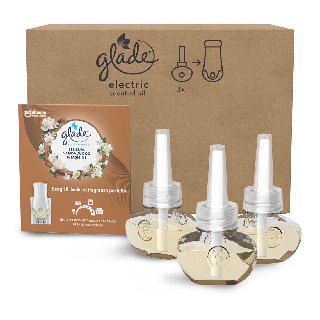 Glade Liquido Elettrico Profumatore per Ambienti con Olii Essenziali, Fragranza Gelsomino e Sandalo di Bali, Fino a 120 Giorni di Profumo, 3 Ricariche