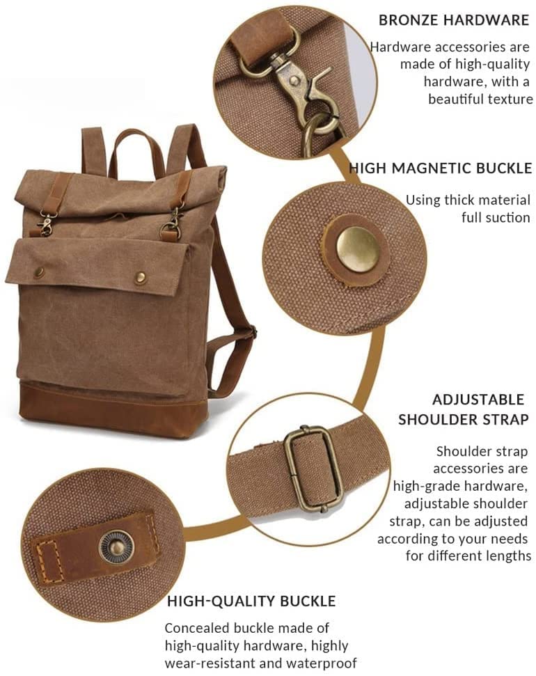 Vintage canvas backpa,Oil Wax Canvas with Leather Backpackage Large Capacity Outdoor Travel Walking Bag(Black)3