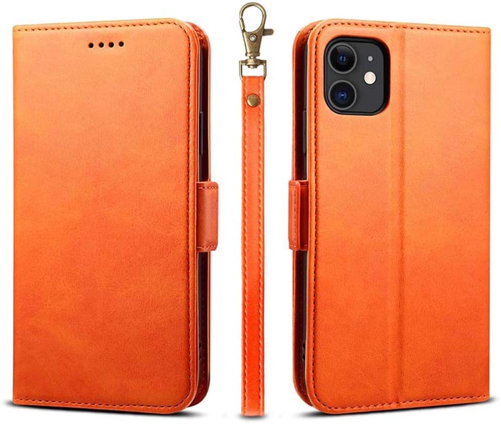 Étui portefeuille iPhone 11 antichoc orange avec fente carte et support