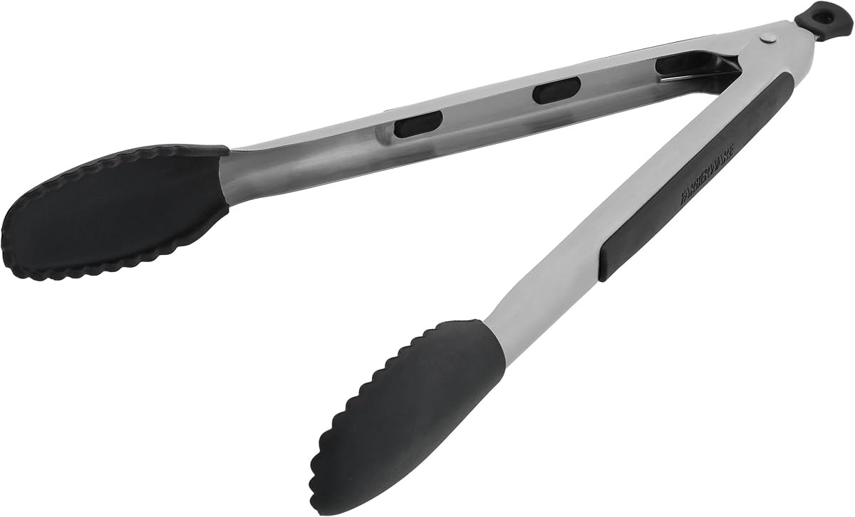 Pinzas de cocina Pro con bloqueo de cabeza de silicona de 12.0 in – Pinzas de cocina con puntas festoneadas, agarre ergonómico, aptas para calor hasta 450 F – Pinzas aptas para lavavajillas para cocinar, asar, servir