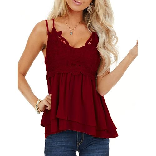 Feager Women Lace V Neck Chiffon Cami Tank Top Spaghetti Strap Sleeveless Shirts
