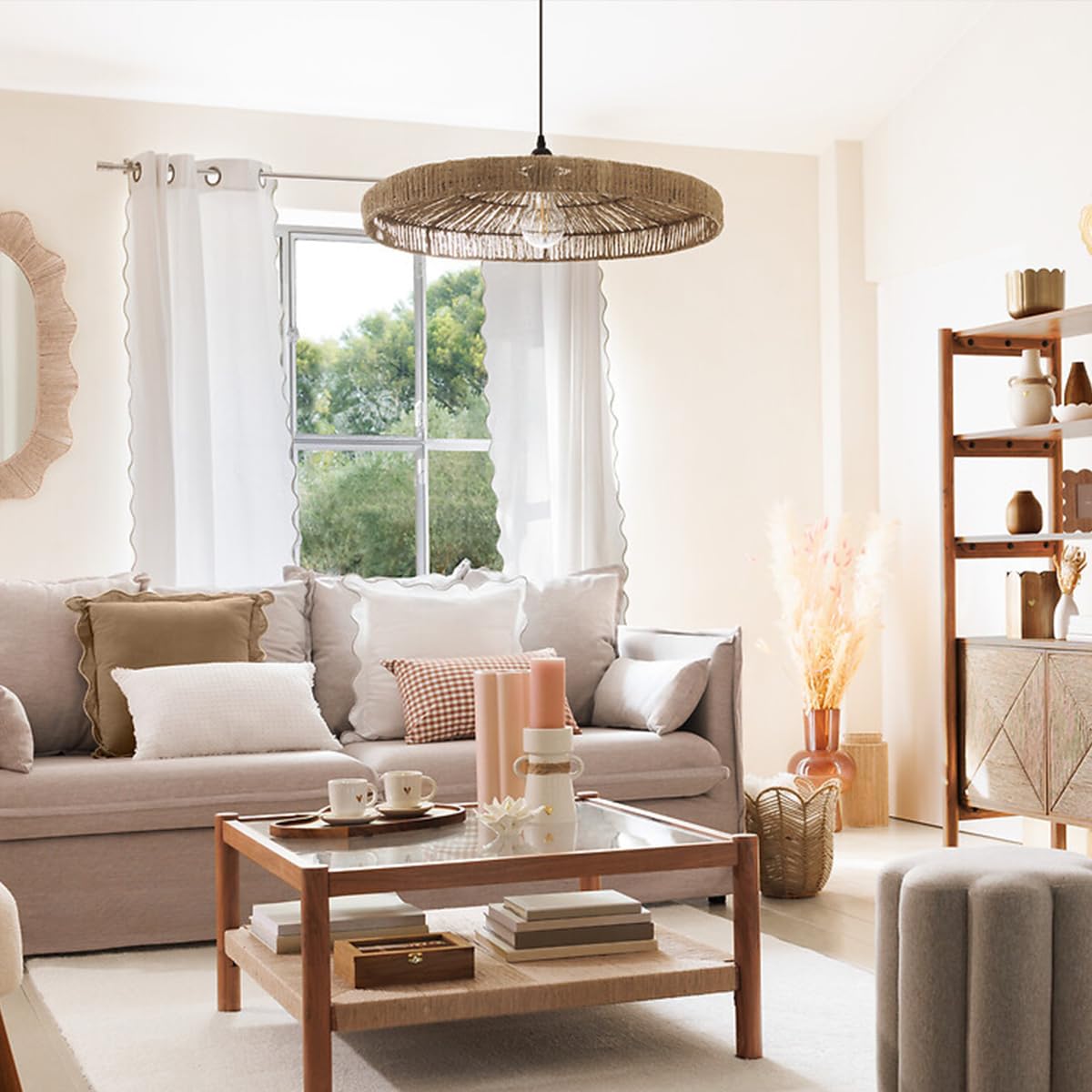 Atmosphera - Lámpara colgante Bellamy de yute trenzado beige, 58 cm de diámetro - Iluminación de estilo bohemio, altura regulable para salón y dormitorio