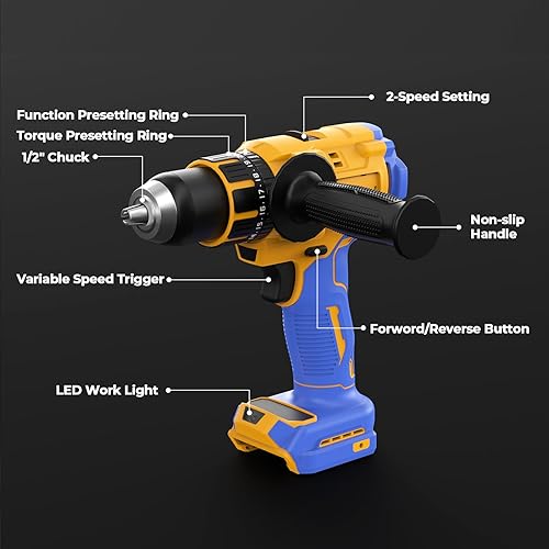 Miniatura 8 de Taladro de Martillo Inalámbrico Compatible con Batería Dewalt 20V Max (Sin Batería) Taladro Eléctrico con Motor Sin Escobillas, Mandíbula Metálica