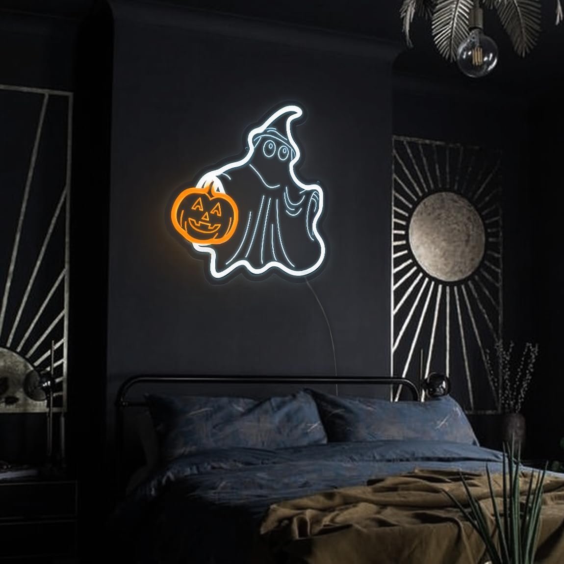 Lumoonosity Ghost Pumpkin Halloween Neon Sign - Cute Smiling Spooky Halloween Ghost Pumpkin Night Light- Ghost Neon Light USB Powered with On/Off Switch - Ghost Led Light for Living Room, Bedroom