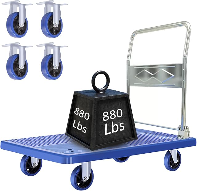 Push Cart Dolly Foldable | Folding Hand Truck Cart 880 lbs. Capacity | Moving Flatbed Cart | Swivel Push Heavy Duty Platform Truck Flat Cart for Groceries, Garage, Warehouse (880)