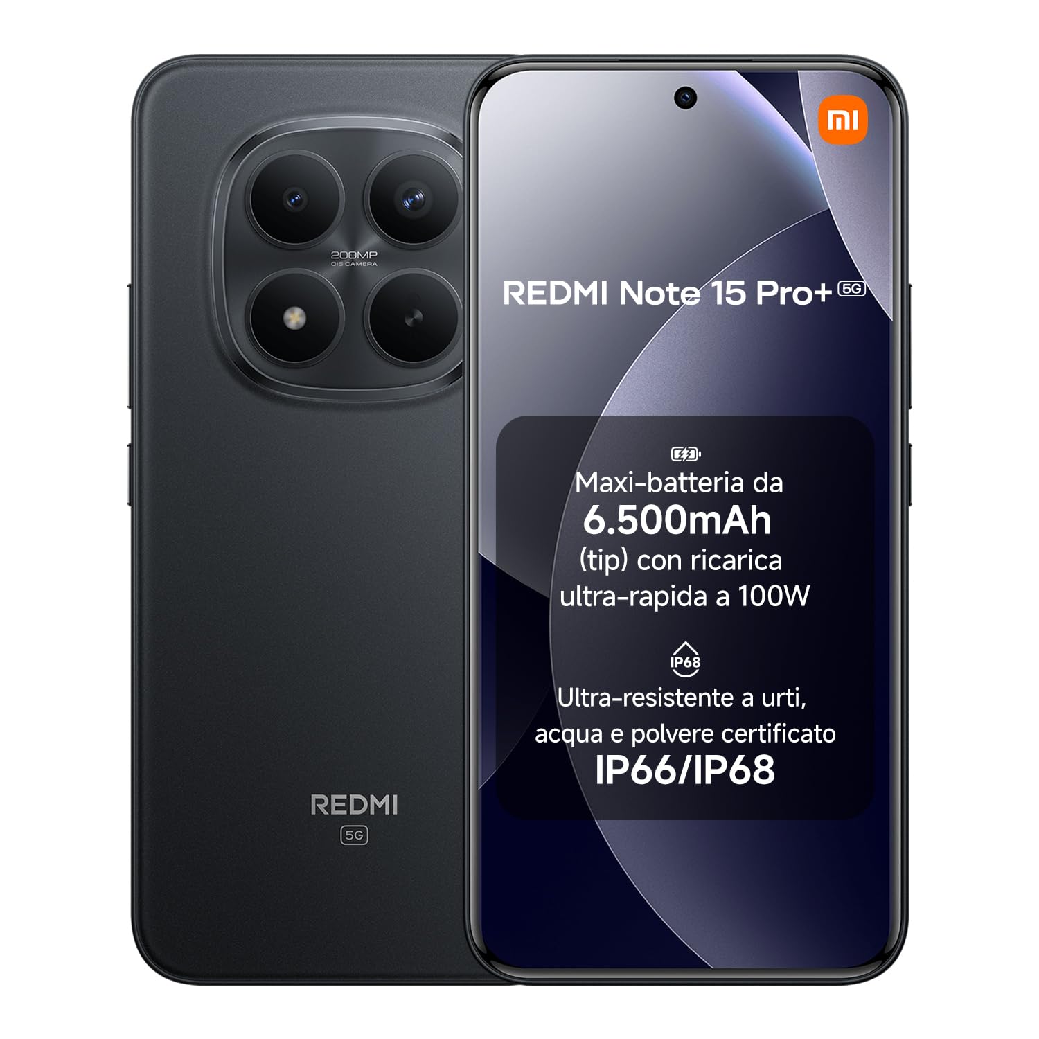 XIAOMI Redmi Note 15 Pro+ 5G, Smartphone 12+512GB, Batteria massiccia da 6500 mAh, IP66/IP68, Nuova fotocamera 200 MP, Display AMOLED da 6,83", Nero, Garanzia 2 anni, Caricatore non incluso