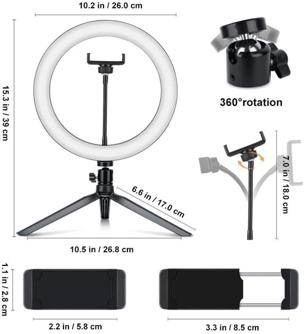 Luce ad anello da 10 pollici con ancoraggio per cellulare, fotografia dal vivo, lampada per selfie, anello di regolazione continua, luce di riempimento a LED per bellezza (10 pollici) (10 pollici)