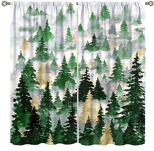Image of SXXLDNG Green Gold Forest Curtains, Nature Tree Misty Forest Silhouette Landscape Window Treatments, 42"W x 84"L (Pack of 2), Forest-5, Rustic