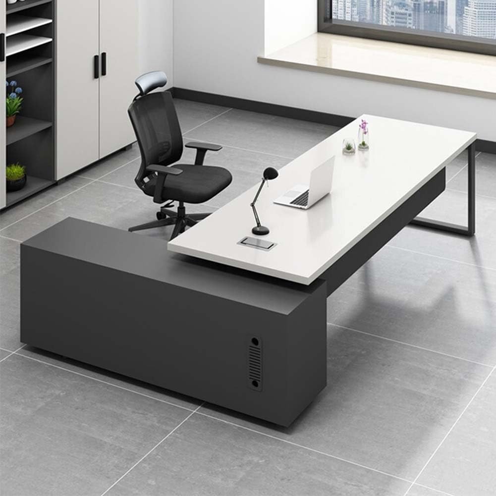 White Manager Office L-Shaped Desk Simple Modern President Desk Large Steel Wood boss Supervisor and Chair Combination (Right Cabinet, 180cm*160cm*