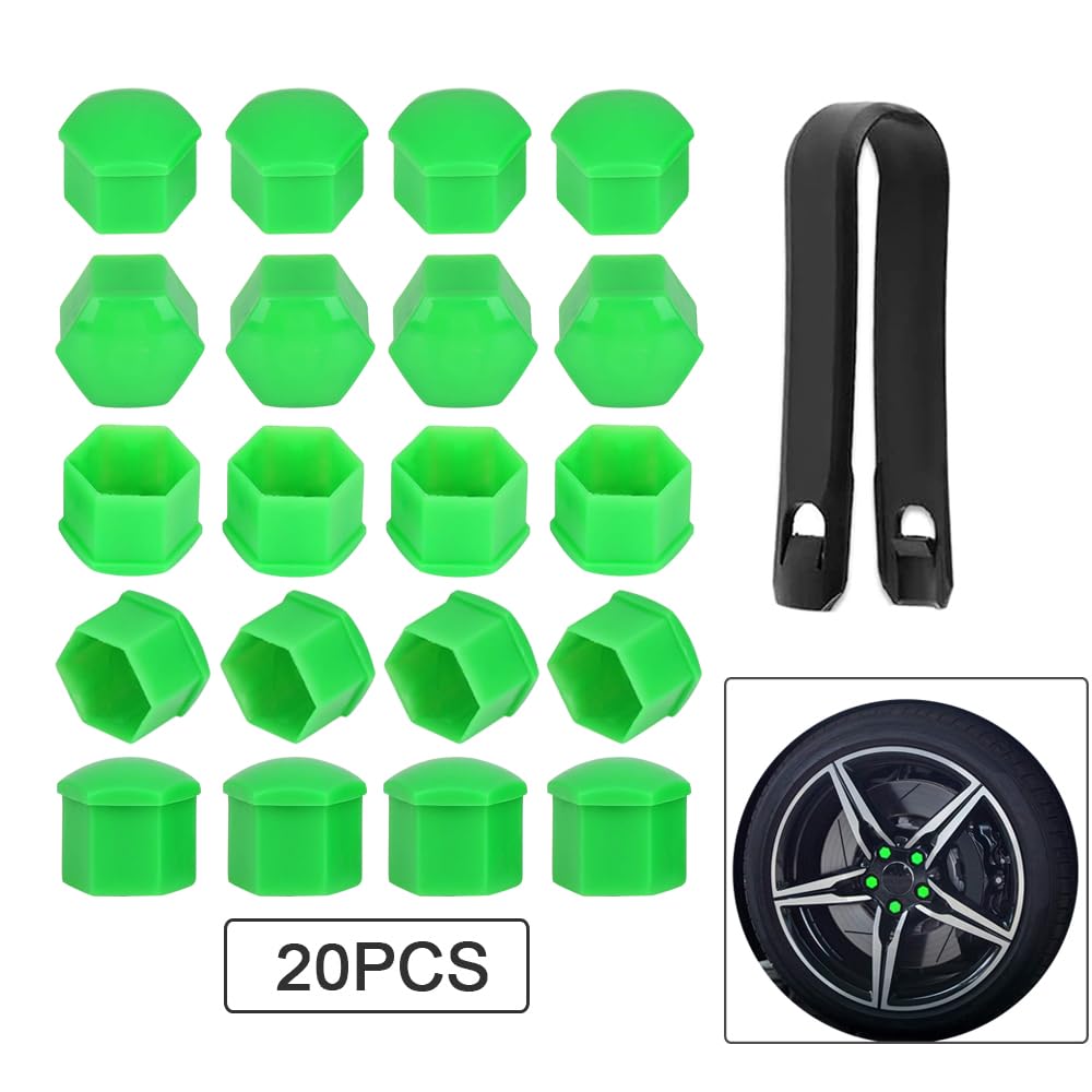 20 Pezzi 19 mm Auto Ruote Copridado, Tappo Dado Bullone Ruota, Tappo a Vite Mozzo Ruote Auto Universale, Coperchio Dado Pneumatico Esagonali con Strumento di Rimozione (Verde)