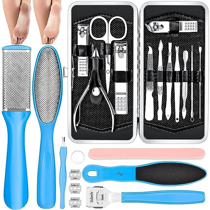 Manicure and Pedicure Kit with Nail Tools, Foot Trimmer, Nail Files, Scissors and Polish Remover, Blue-picture-35