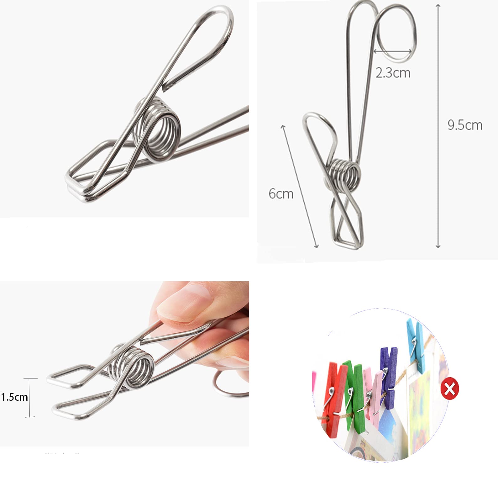 Rierdge Clip per coda lunga in acciaio inox 304 con ganci, mollette multiuso in filo metallico resistente, resistenti a lunga durata e resistenti, per cucina, bagno, confezione da 12