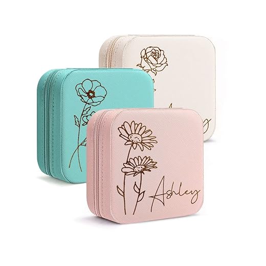 DayOfShe Personalized Travel Jewelry Box with Name and Birth Flower,Personalized Bridesmaid Gifts for Women Custom Small Travel Jewelry Case Girlfriend Valentines Day Gifts for Her